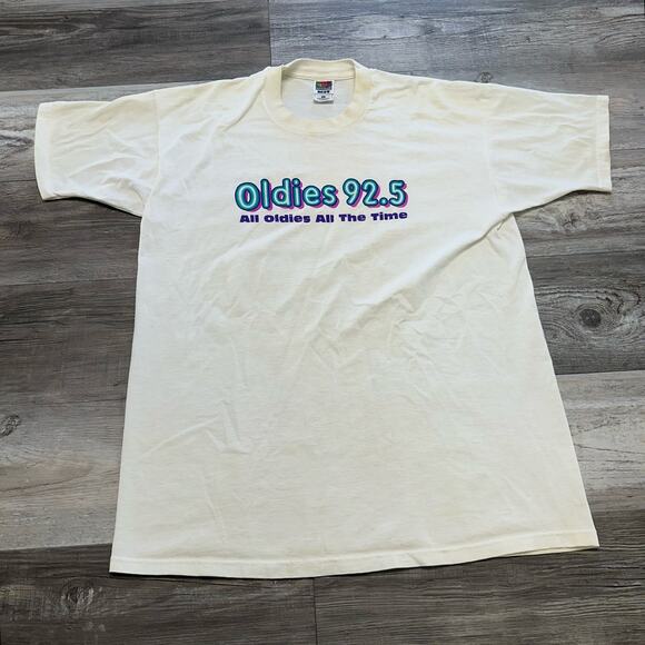 Vintage Fruit Of The Loom White Mens XL Oldies 92.5 Crewneck‎ Tshirt - Picture 1 of 7